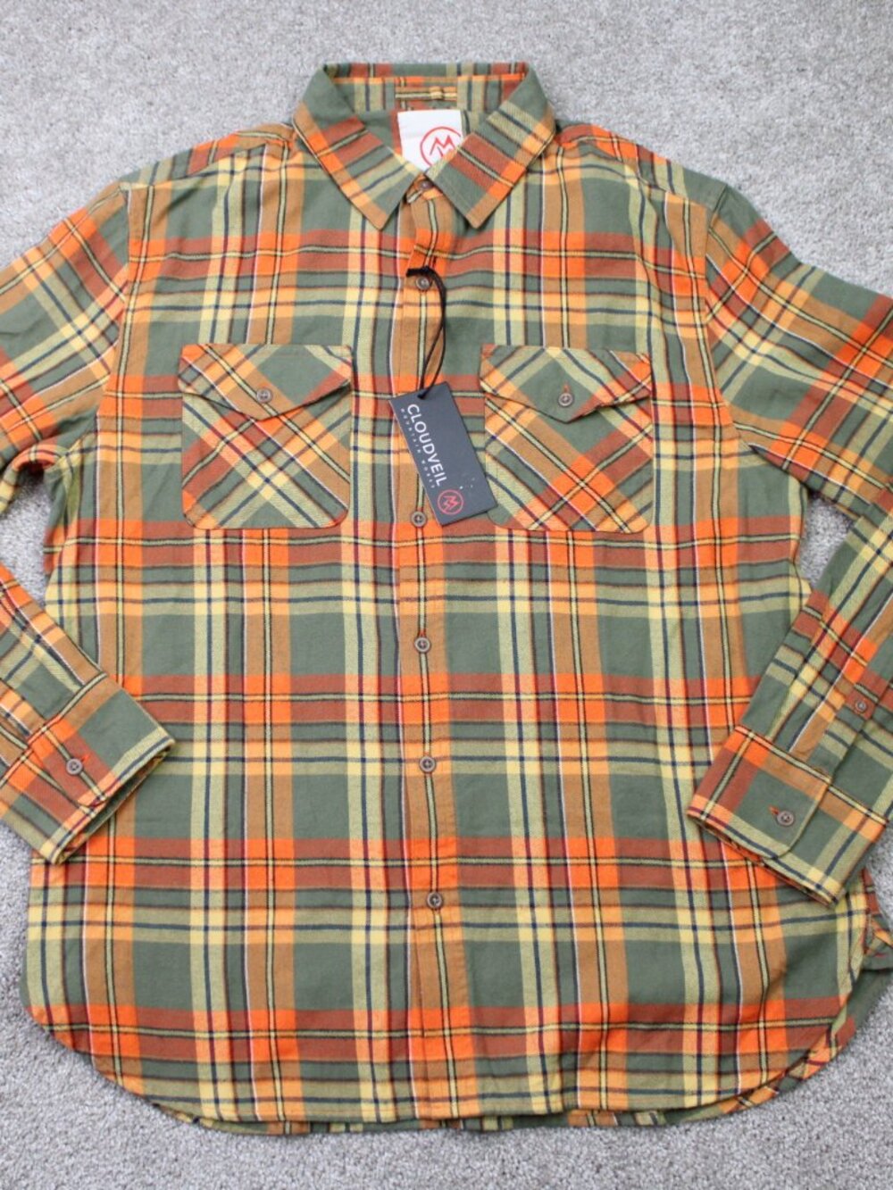 Cloudveil Flannel Shirt NWT Mens Medium Orange/Green Plaid Cotton Long Sleeve